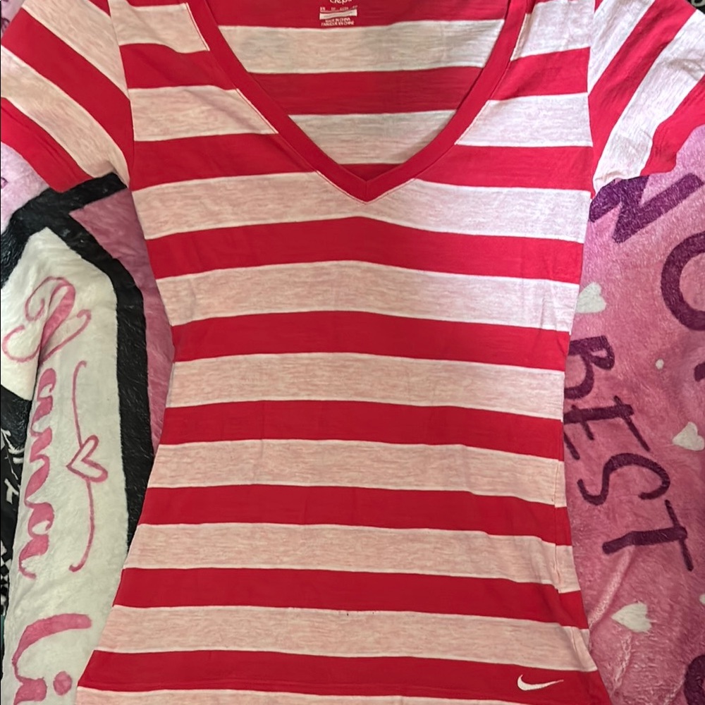 Nike Red and Pink Striped V-Neck Top